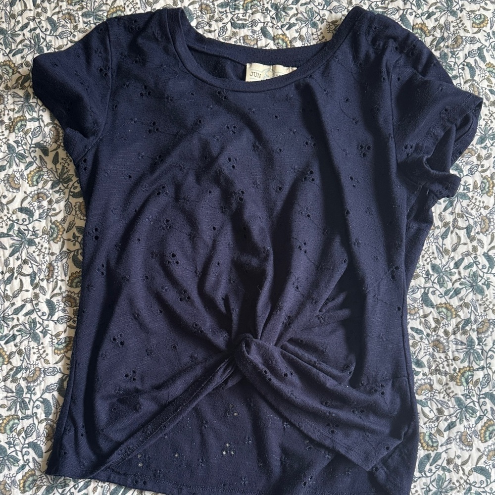Francesca's Collections Navy Eyelet Short Sleeve Top